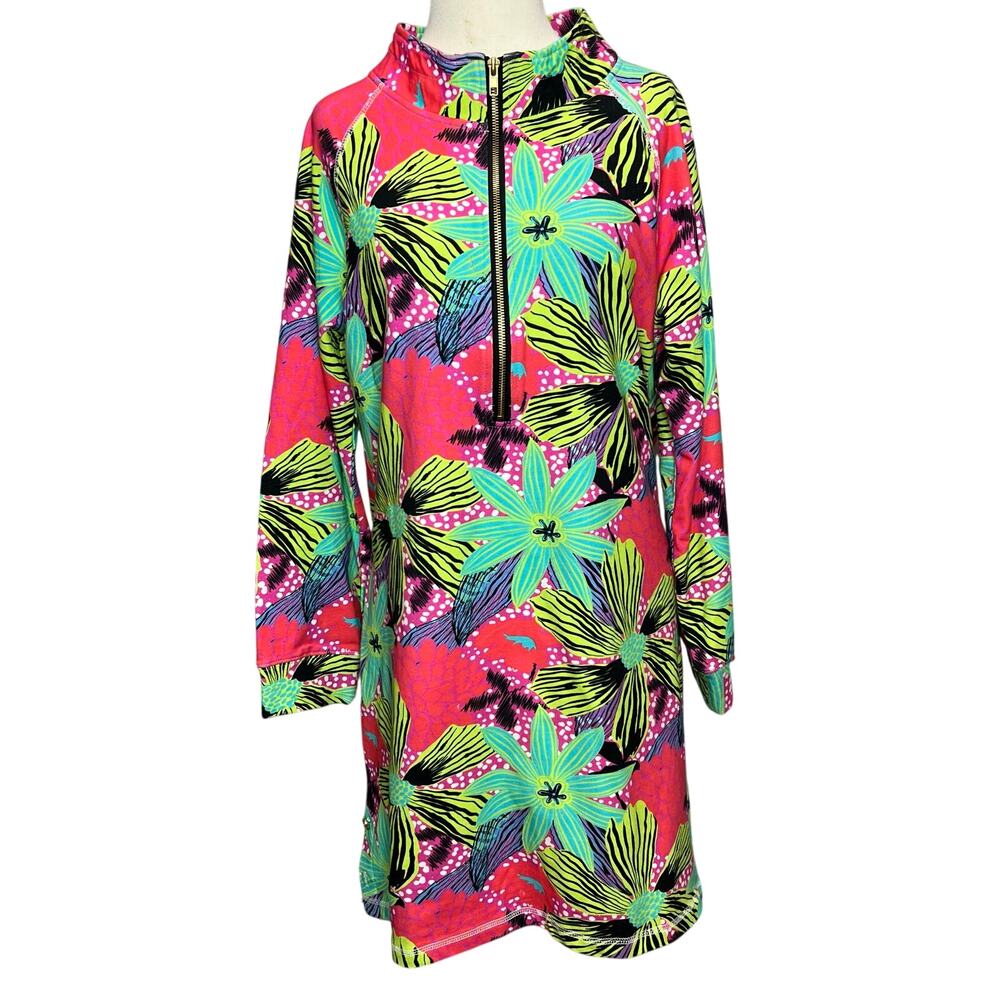 Tracy Negoshian Quinn Tunic Dress Womens L Multi Floral Half Zip Resort Cover Up